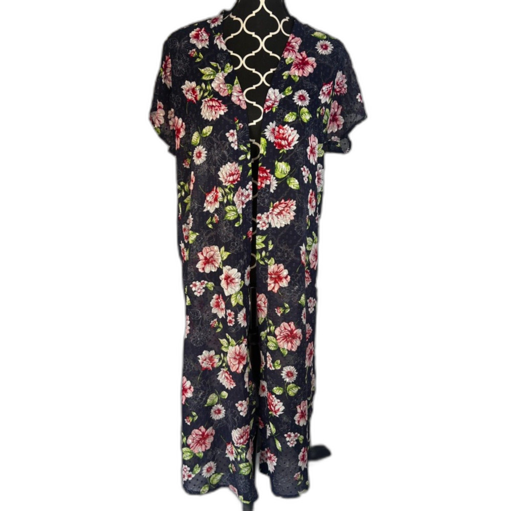 Skies Are Blue Navy Blue Floral Printed Cap Sleeve Duster‎ Kimono Size XS